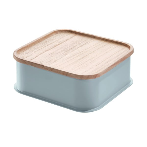 Sivý úložný box s vekom z dreva paulownia iDesign Eco, 21,3 x 21,3 cm