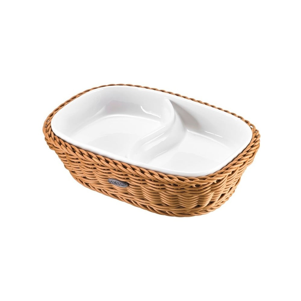 E-shop Porcelánová servírovacia miska v béžovom košíku Saleen, 22,5 x 16,5 x 5,5 cm