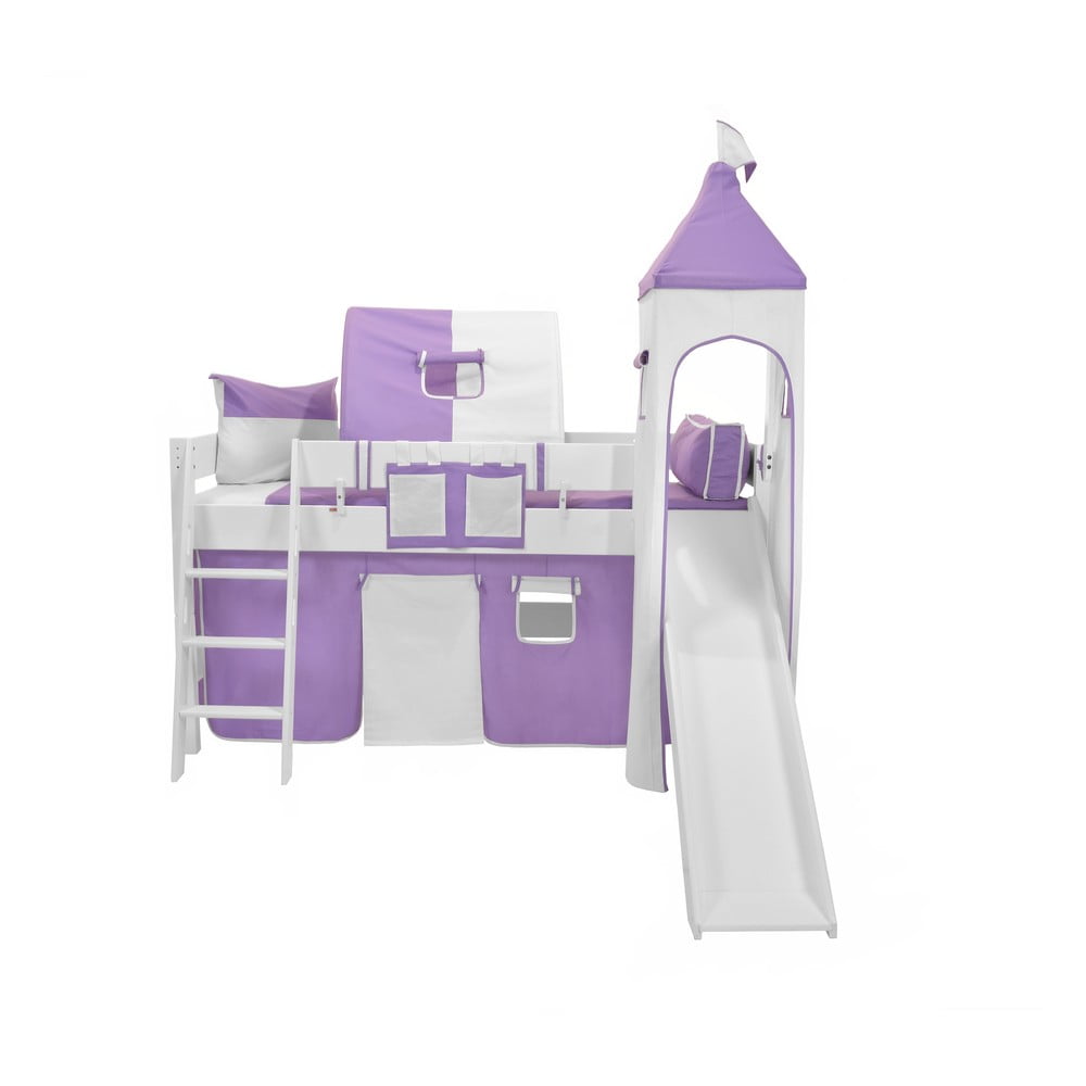 Detská biela poschodová posteľ so šmýkačkou a fialovo-bielym hradným bavlneným setom Mobi furniture Luk, 200 x 90 cm