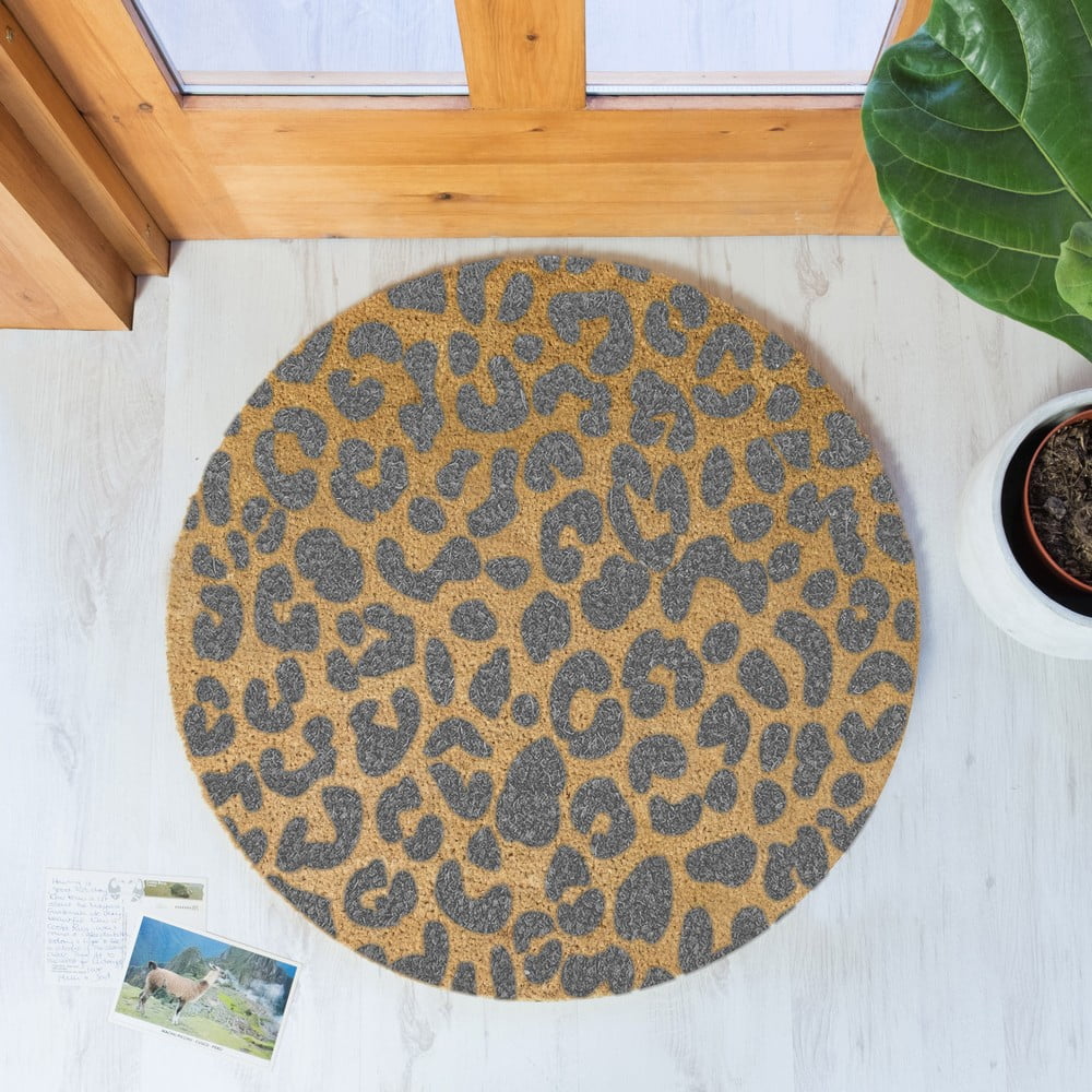 Obrázok Sivá okrúhla rohožka z prírodného kokosového vlákna Artsy Doormats Leopard, ⌀ 70 cm