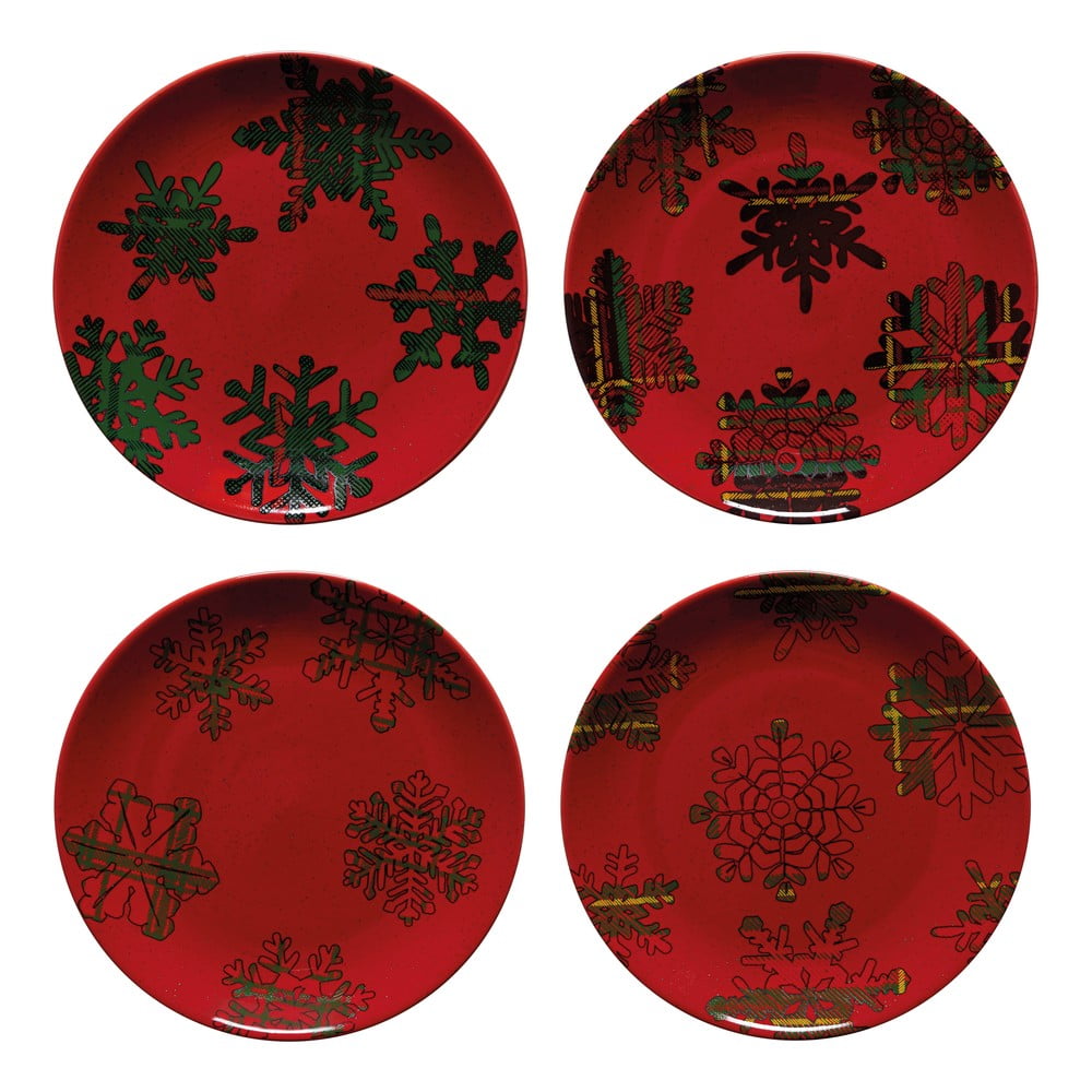 E-shop Súprava 4 červeno-čiernych dezertných tanierov z kameniny Casafina Snowflake, ø 21,6 cm