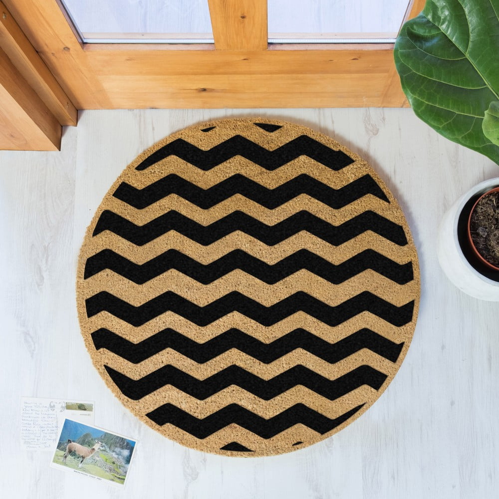 Obrázok Čierna okrúhla rohožka z prírodného kokosového vlákna Artsy Doormats Chevron, ⌀ 70 cm