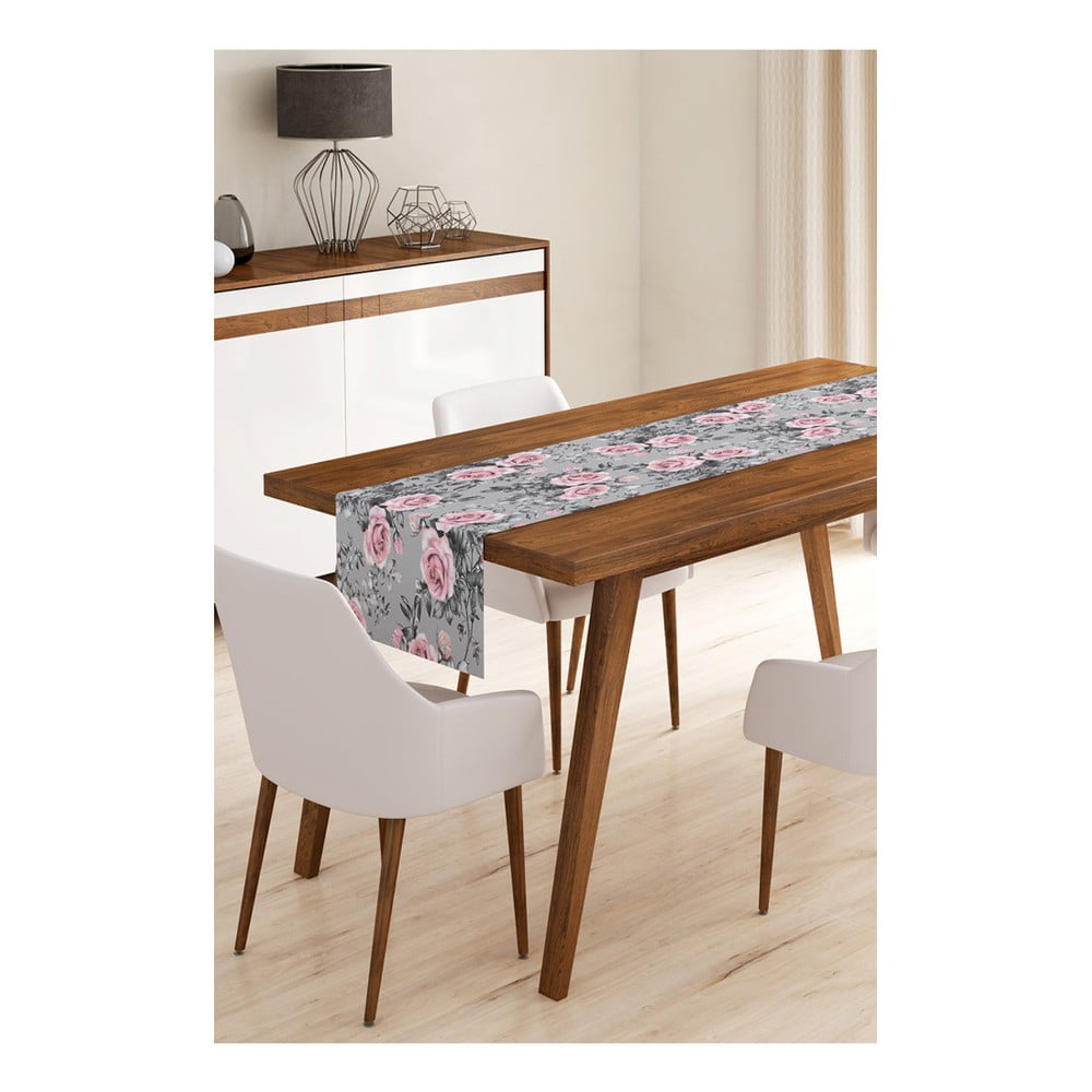E-shop Behúň na stôl z mikrovlákna Minimalist Cushion Covers Grey Roses, 45 x 140 cm