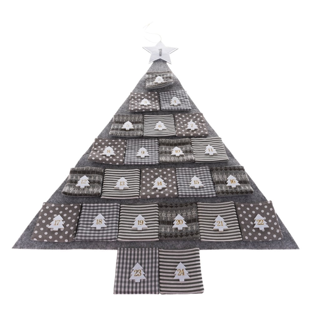 E-shop Sivý textilný adventný kalendár v tvare stromčeka, dĺžka 78 cm