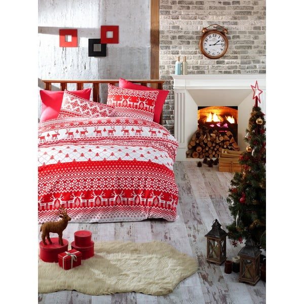 Obliečky s plachtou na jednolôžko z ranforce bavlny Nazenin Home Winter Red, 140 × 200 cm