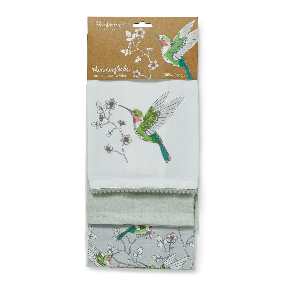 E-shop Súprava 3 sivých kuchynských bavlnených utierok Cooksmart ® Hummingbirds