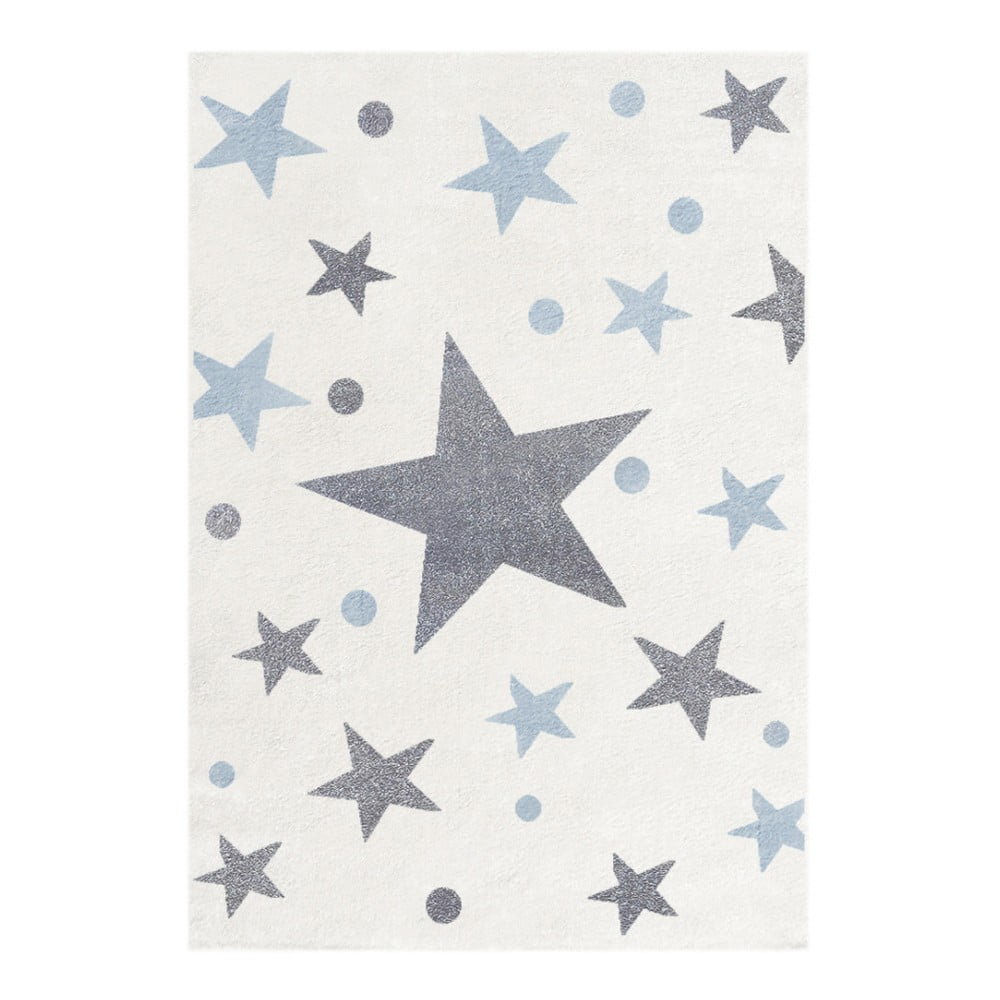 Biely detský koberec so sivými a modrými hviezdami Happy Rugs Stars, 80 x 150 cm