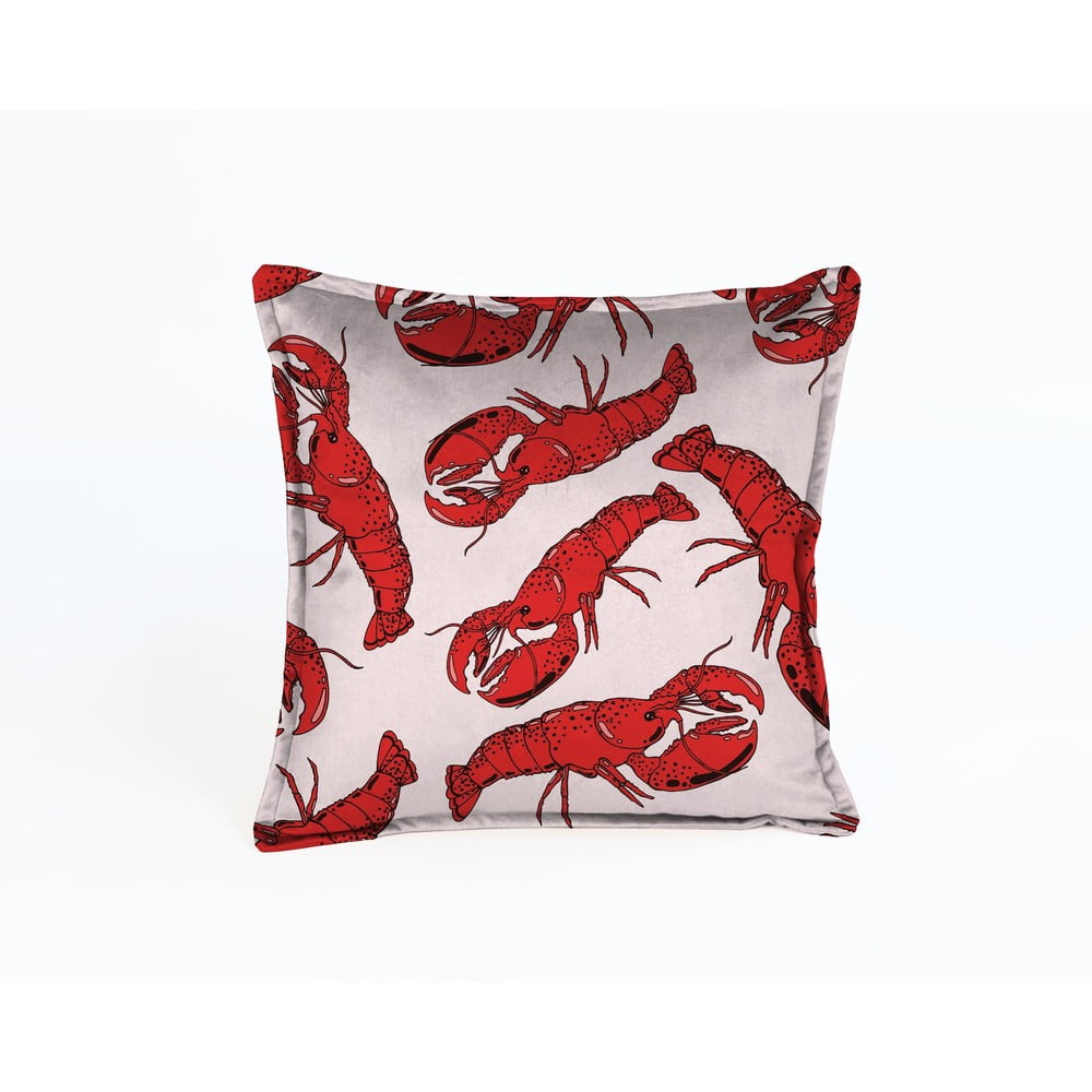 E-shop Ružový zamatový vankúš s homármi Velvet Atelier Lobster, 45 x 45 cm