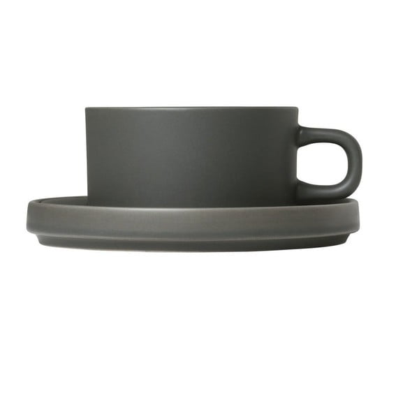 Súprava 2 sivých keramických hrnčekov na čaj s tanierikmi Blomus Pilar, 170 ml