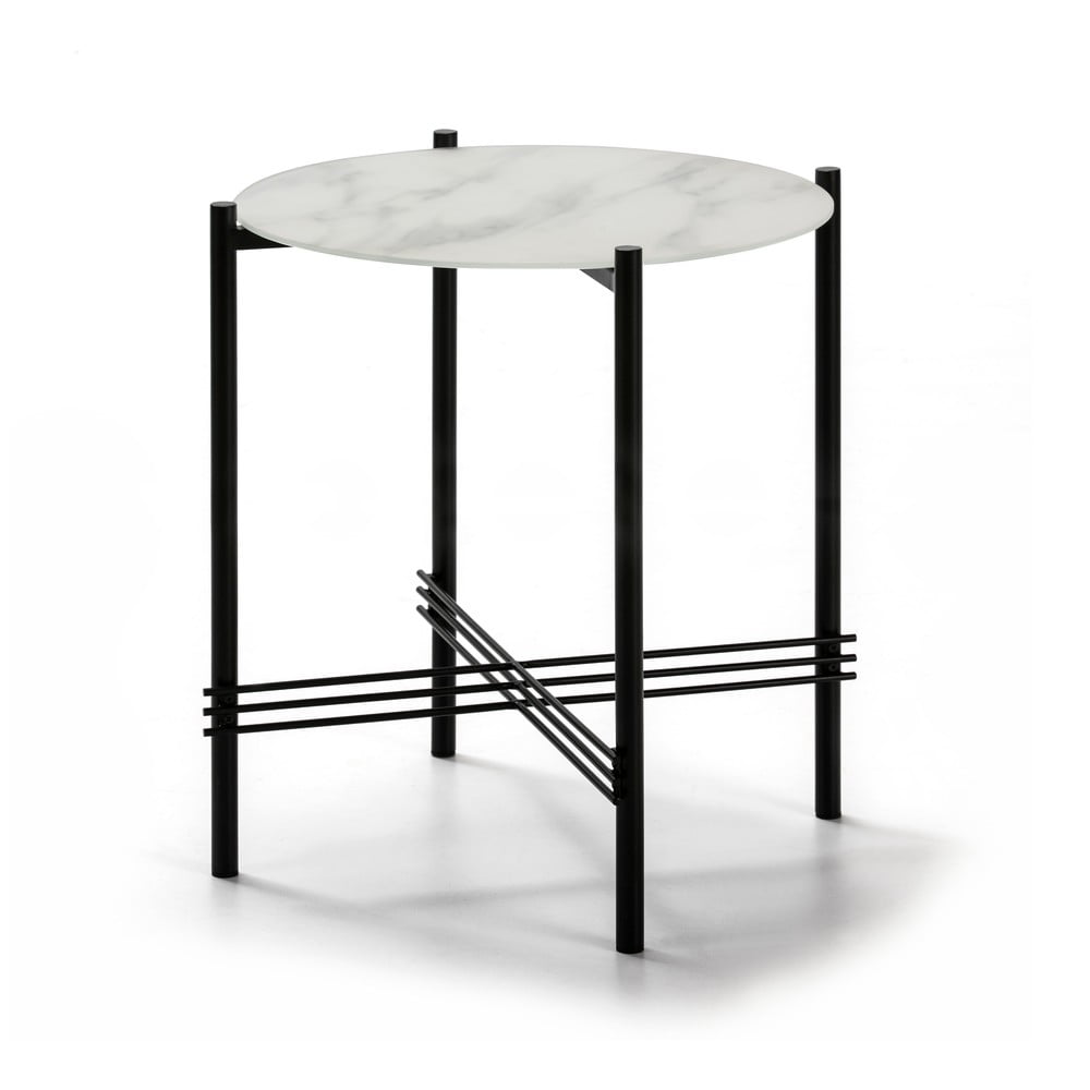 E-shop Bielo-čierny odkladací stolík so sklenenou doskou v mramorovom dekore Marckeric, ø 47 cm