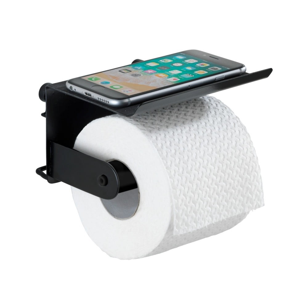 E-shop Čierny nástenný držiak na toaletný papier s podložkou na mobil Wenko Classic Plus