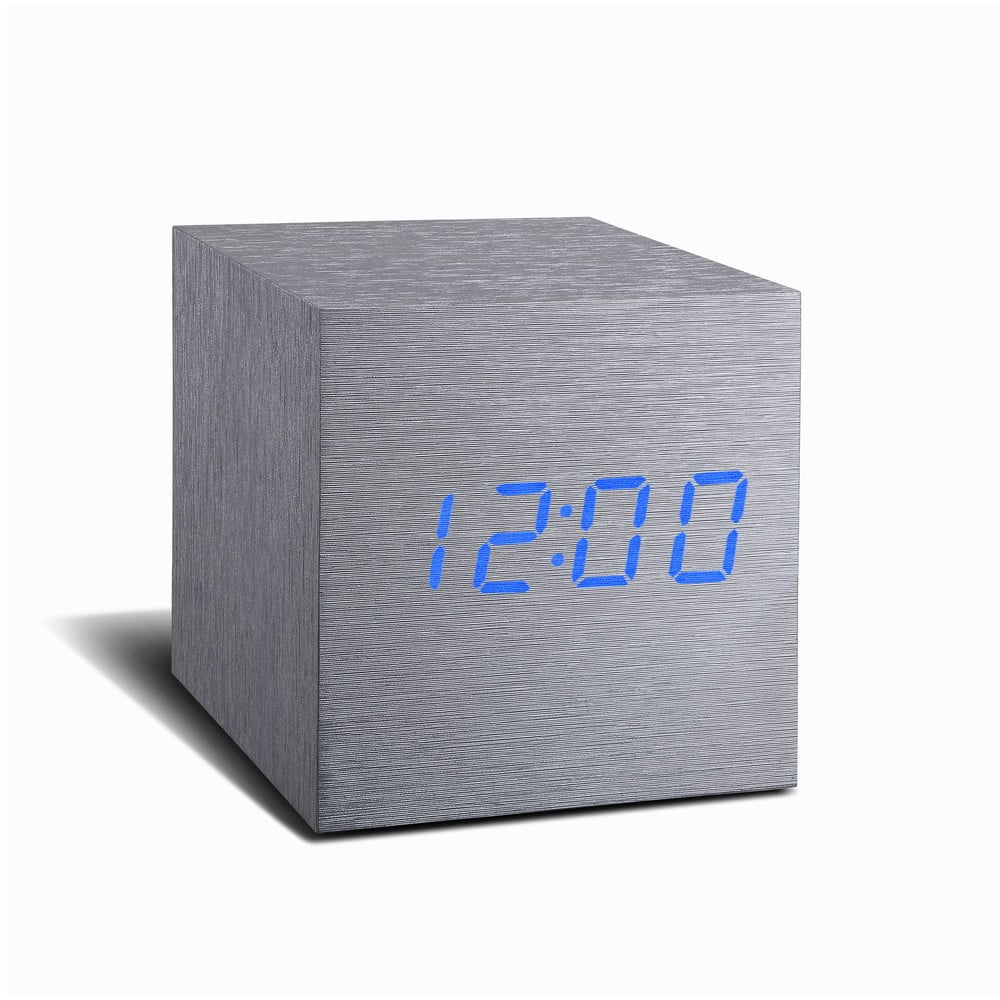 E-shop Sivý budík s modrým LED displejom Gingko Cube Click Clock