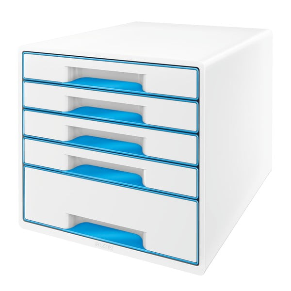 Bielo-modrý zásuvkový box Leitz WOW CUBE, 5 zásuviek
