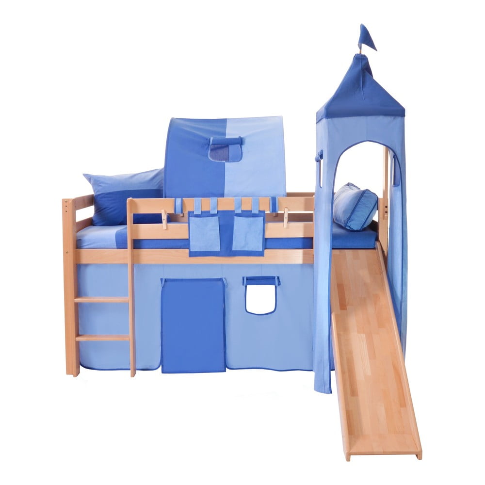 Detská poschodová posteľ so šmýkačkou a modrým hradným bavlneným setom Mobi furniture Tom, 200 x 90 cm
