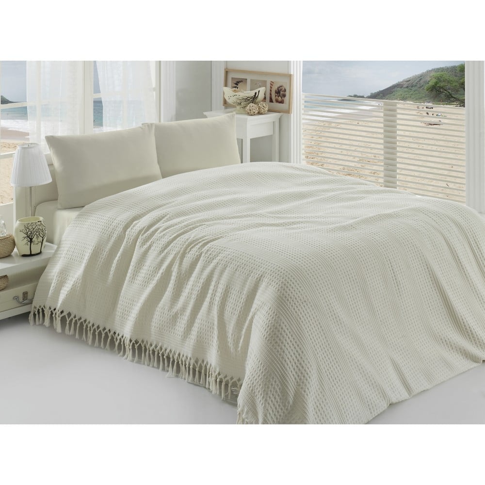 E-shop Krémovobiely ľahký bavlnený pléd cez posteľ na dvojlôžko Pique, 220 × 240 cm