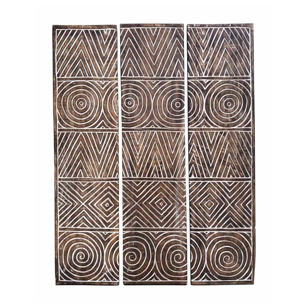 Sada 3 dekoratívnych panelov z teakového dreva Moycor Geometric, 110 × 140 cm