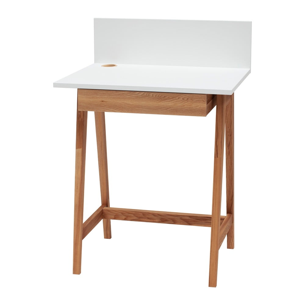 E-shop Biely písací stôl s podnožím z jaseňového dreva Ragaba Luka Oak, dĺžka 65 cm