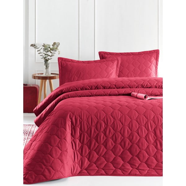 Tmavočervená prikrývka cez posteľ s 2 obliečkami na vankúš z ranforce bavlny EnLora Home Fresh, 225 x 240 cm