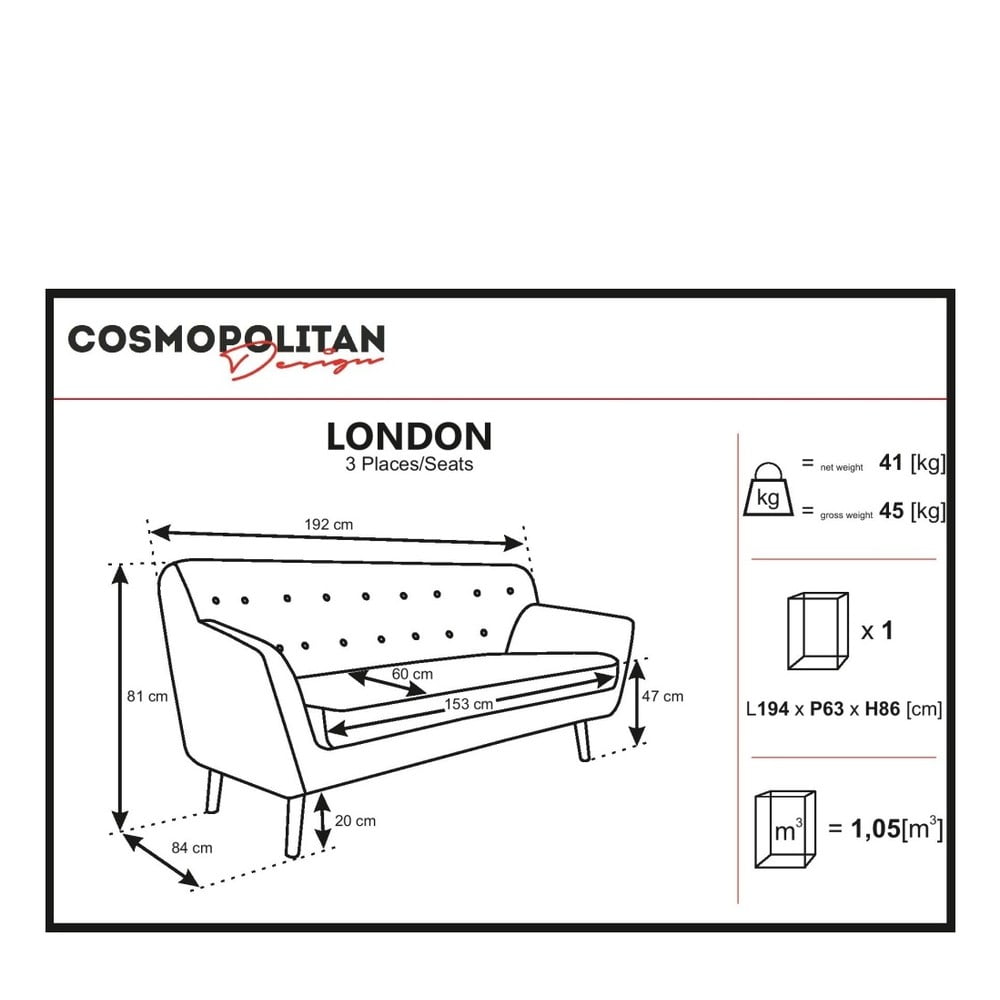 Obrázok Svetlosivá pohovka pre troch Cosmopolitan design London