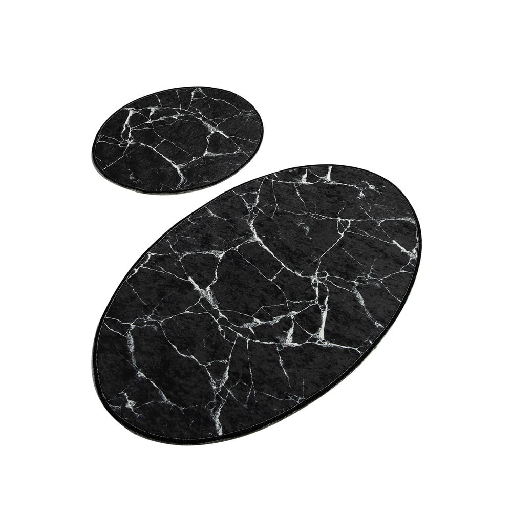 E-shop Súprava 2 čiernych oválnych kúpeľňových predložiek Foutastic Marble