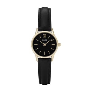 Dámske čierne hodinky s koženým remienkom a detailmi v zlatej farbe Cluse La Vedette