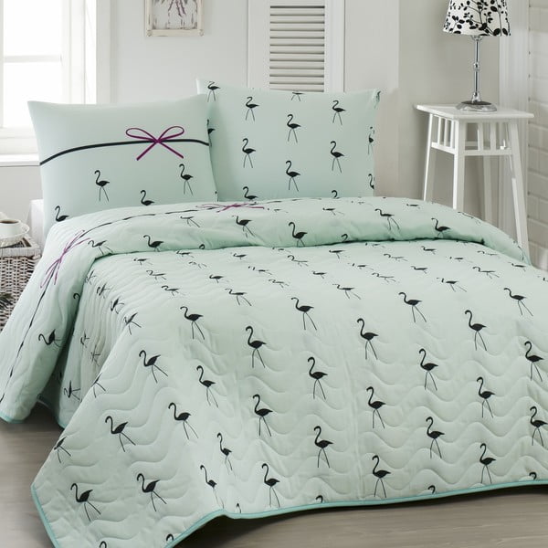 Prikrývka cez posteľ na dvojlôžko s obliečkami na vankúše Flamingo, 200 × 220 cm
