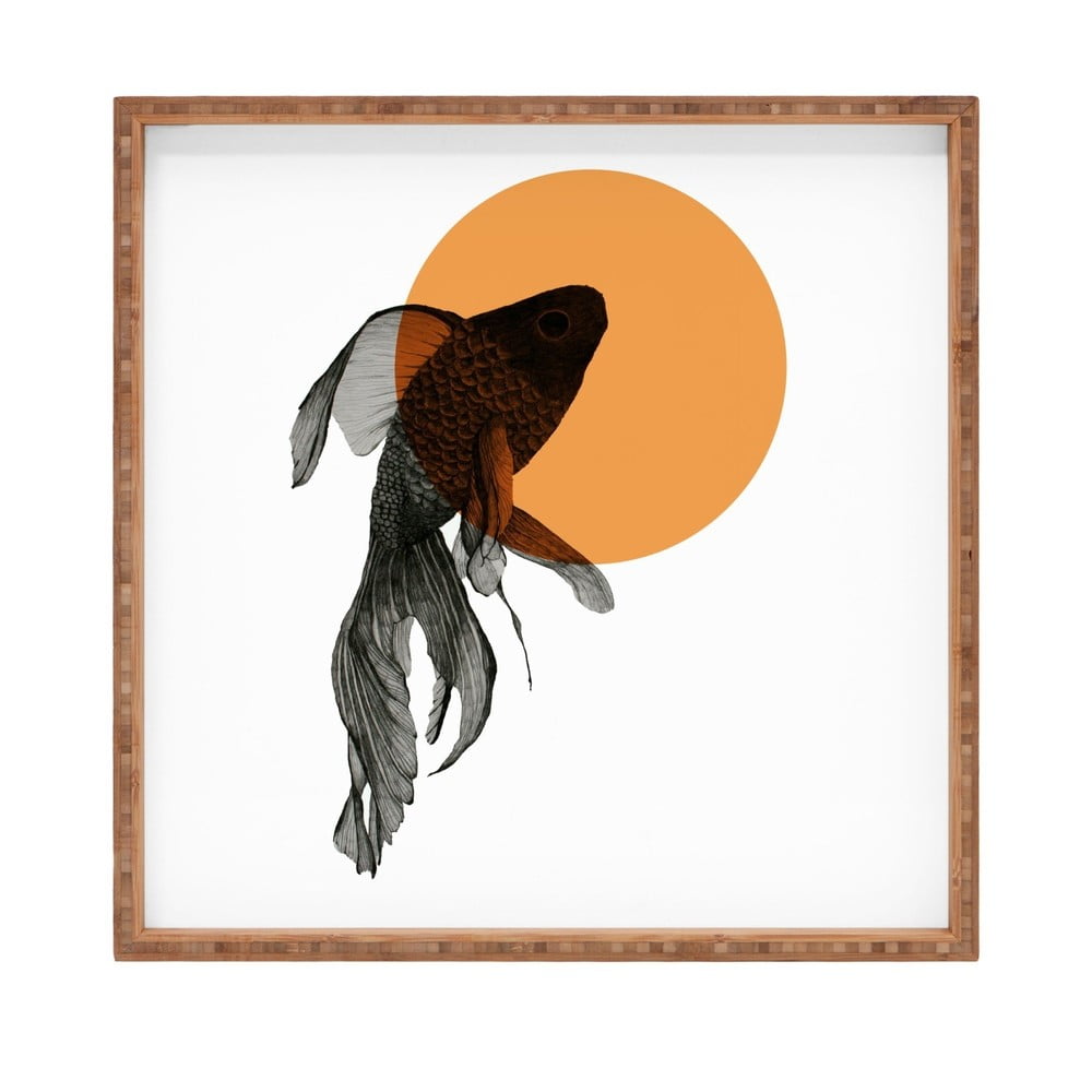 E-shop Drevený dekoratívny servírovací podnos Golden Fish, 40 × 40 cm