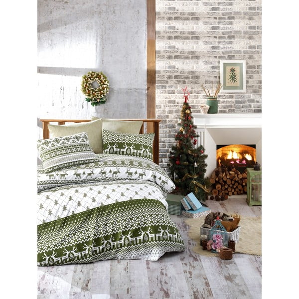 Obliečky s plachtou na jednolôžko z ranforce bavlny Nazenin Home Winter Green, 140 × 200 cm