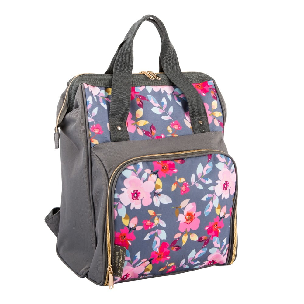 E-shop Sivý kvetovaný chladiaci batoh s piknikovým vybavením pre 2 osoby Navigate Grey Floral, 15 l