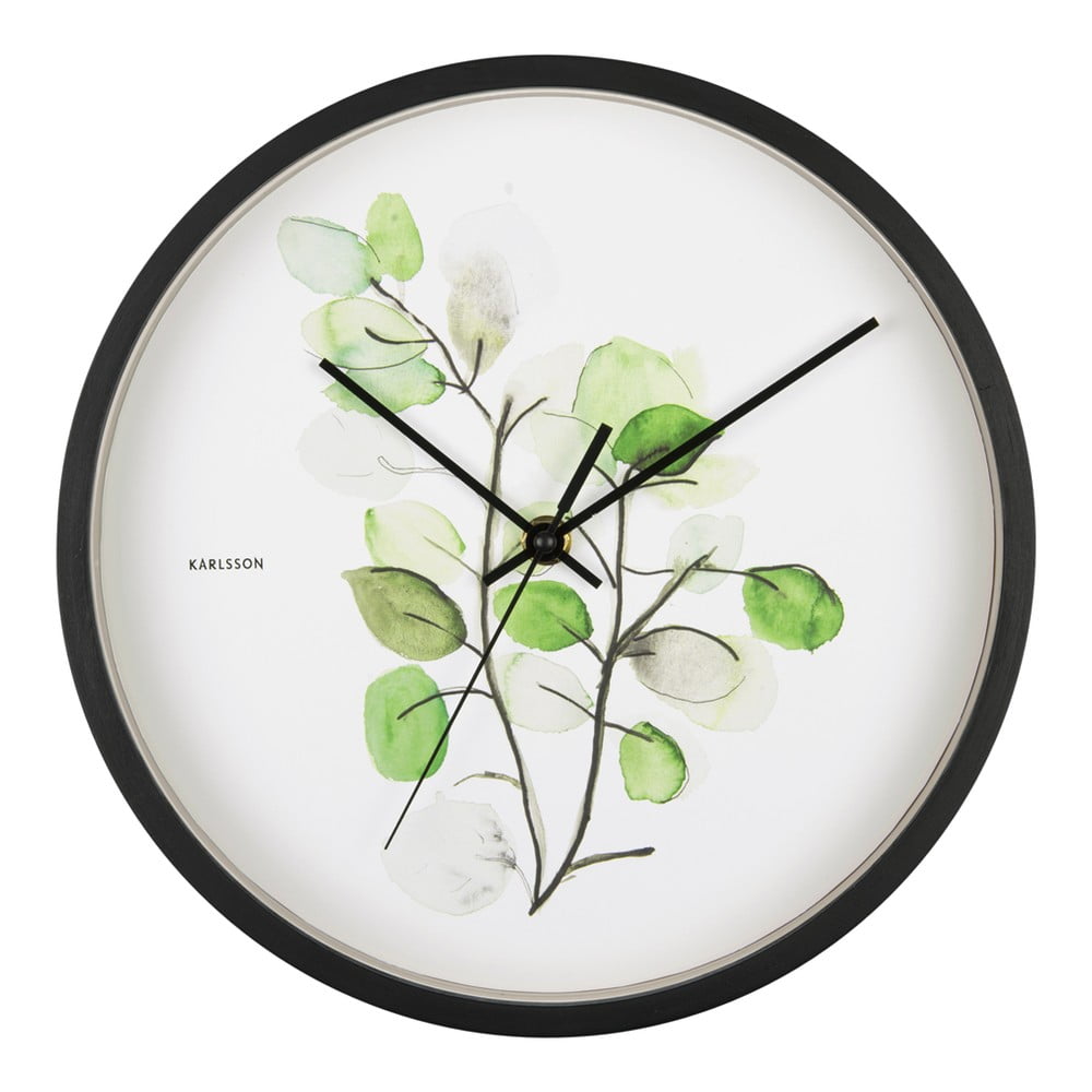 E-shop Zeleno-biele nástenné hodiny v čiernom ráme Karlsson Eucalyptus, ø 26 cm