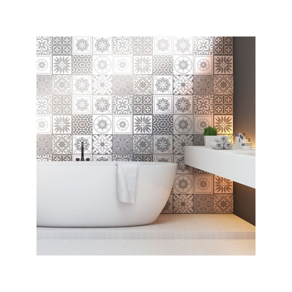 Obrázok Sada 12 nástenných samolepiek Ambiance Cement Tiles Shades of Gray Cordoba, 10 × 10 cm