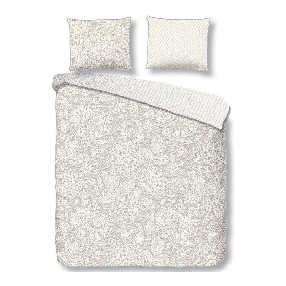 E-shop Bielo-sivé posteľné obliečky z bavlneného saténu Descanso Lily, 140 x 220 cm