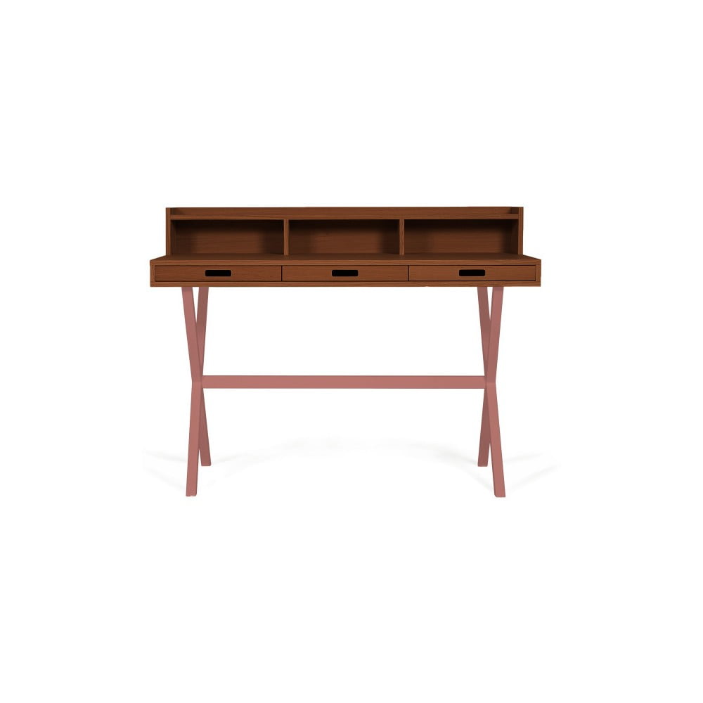 Pracovný stôl z orechového dreva s ružovými kovovými nohami HARTÔ Hyppolite, 120 × 55 cm