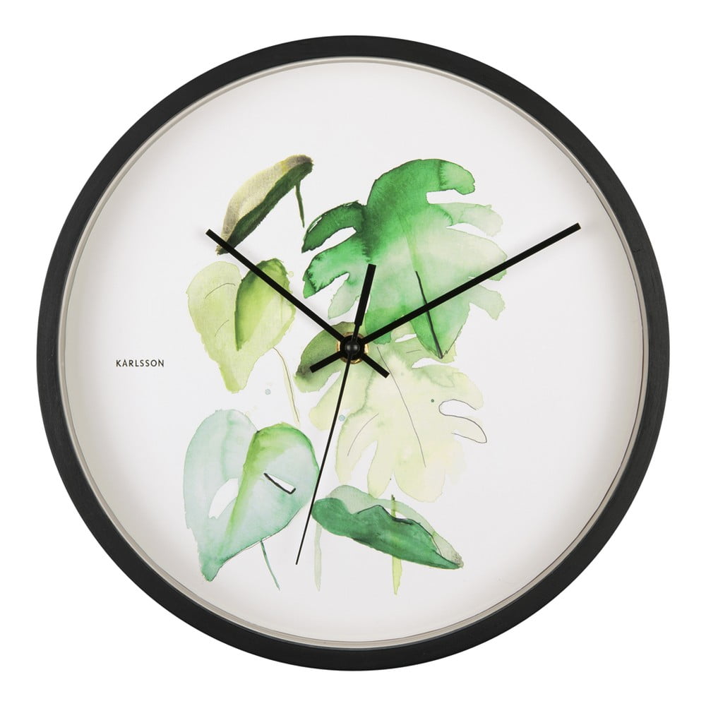 E-shop Zeleno-biele nástenné hodiny v čiernom ráme Karlsson Monstera, ø 26 cm