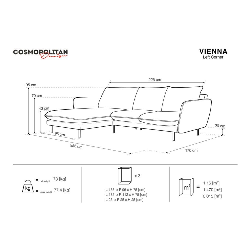 Obrázok Svetlosivá rohová pohovka Cosmopolitan Design Vienna, ľavý roh