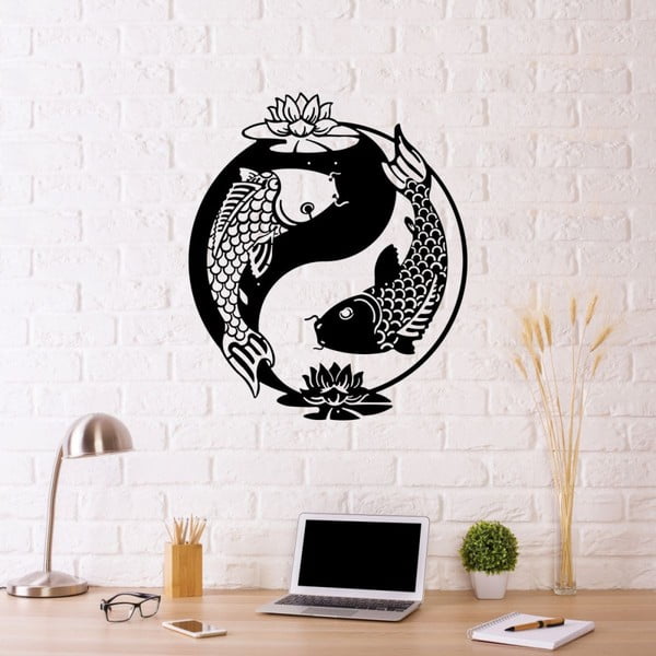 Čierna kovová nástenná dekorácia Fish Yin Yang, 41 x 49 cm