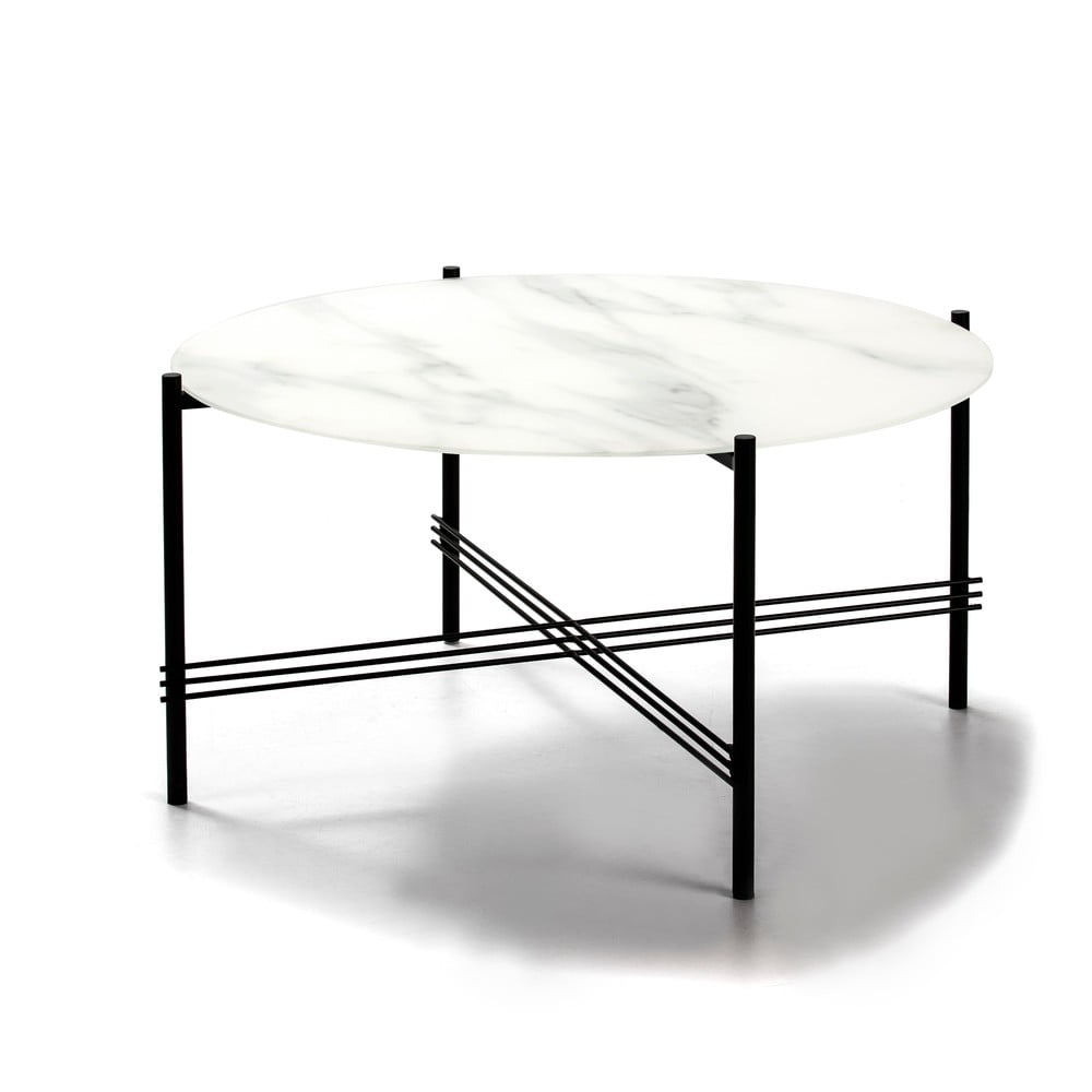 E-shop Bielo-čierny konferenčný stolík so sklenenou doskou v mramorovom dekore Marckeric, ø 84 cm