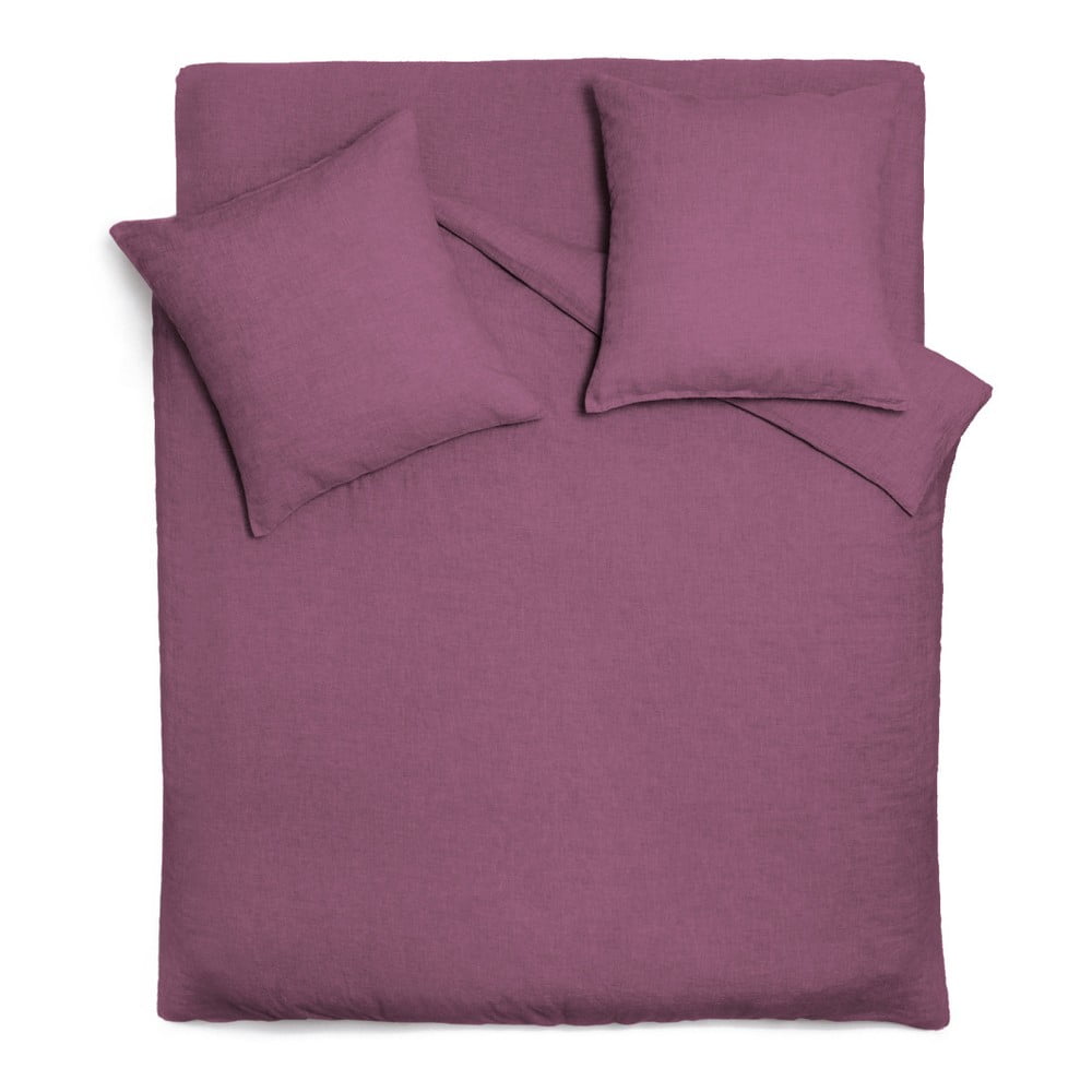 Tmavofialová ľanová prikrývka cez posteľ s 2 štvorcovými obliečkami na vankúše Maison Carezza Lilly, 220 x 240 cm