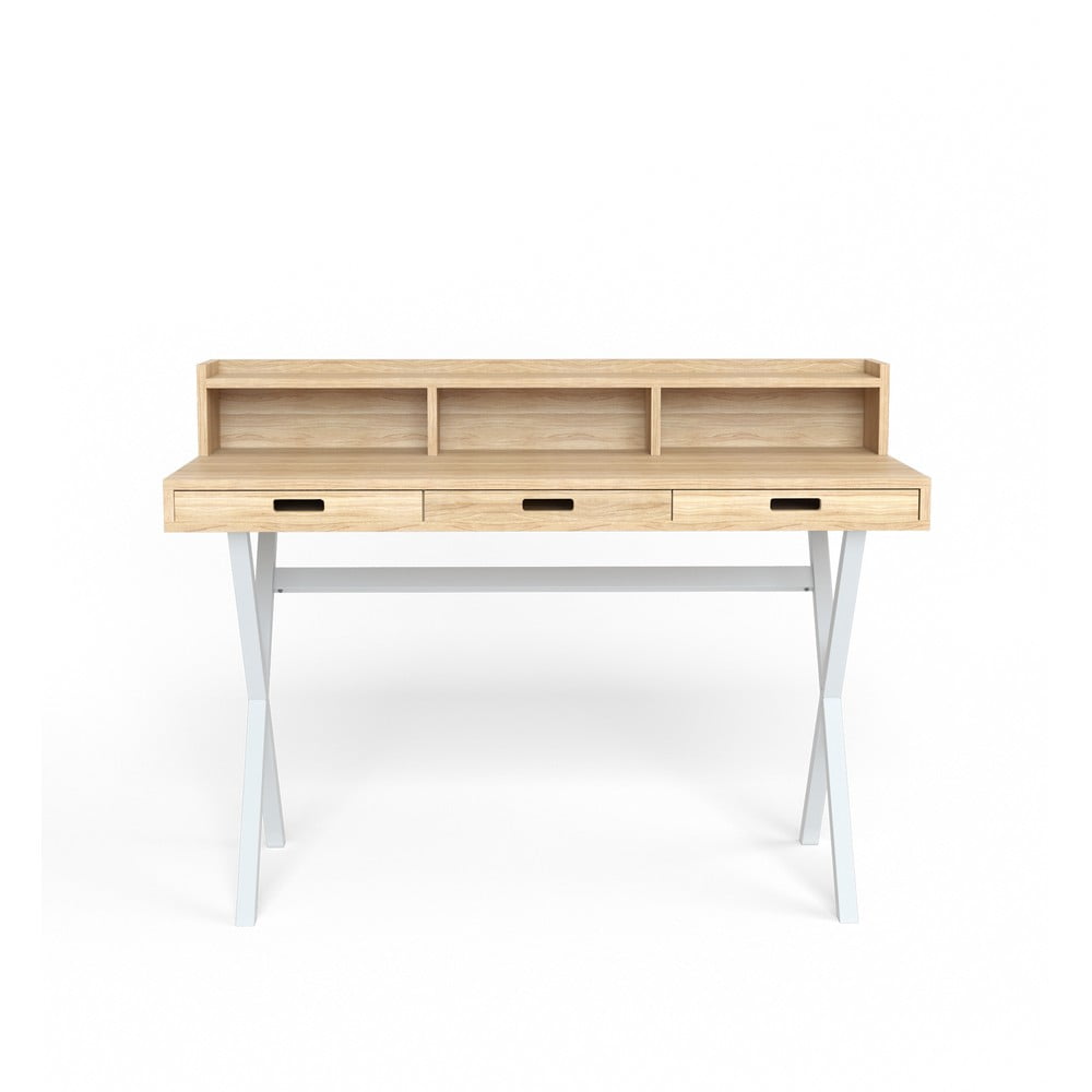 Pracovný stôl z dubového dreva s bielymi kovovými nohami HARTÔ Hyppolite, 120 × 55 cm