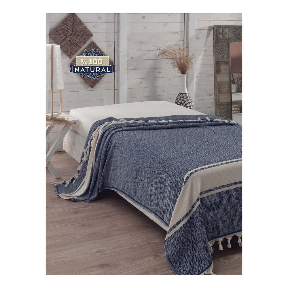 E-shop Tmavomodrý bavlnený pléd cez posteľ Elmas Dark Blue, 200 x 240 cm