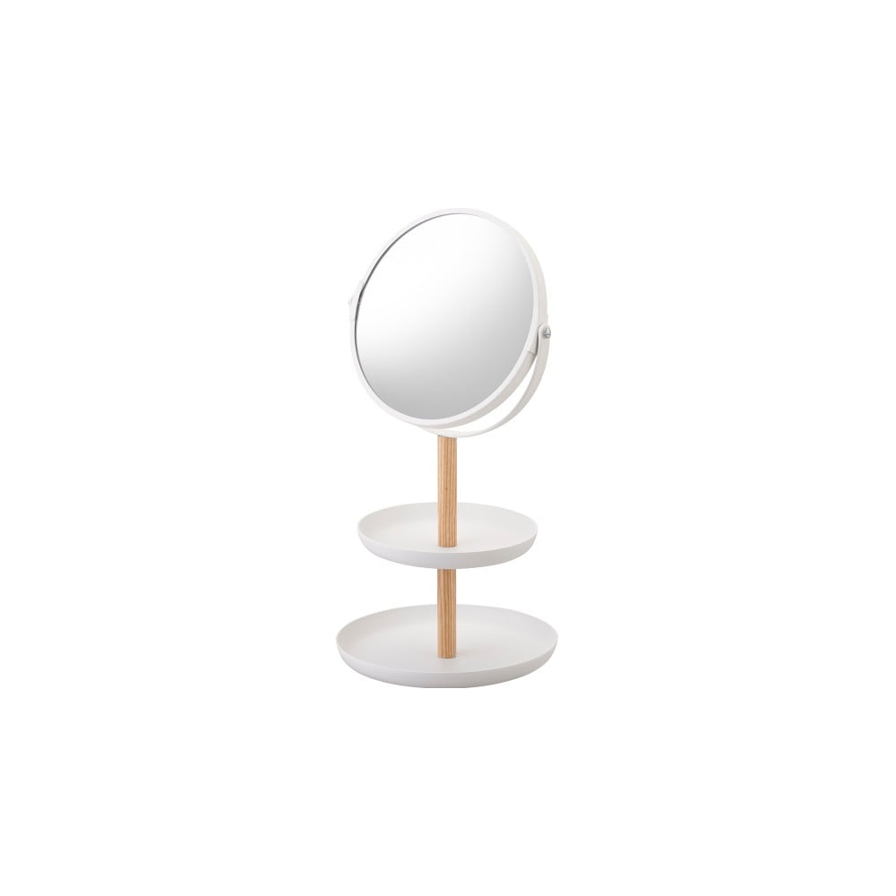 E-shop Biele zrkadlo s úložnými miskami a detailom z bukového dreva YAMAZAKI Tosca