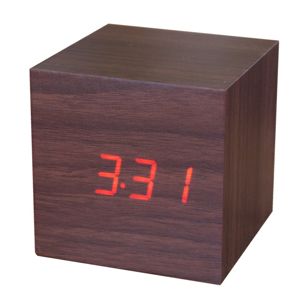 Tmavohnedý budík s červeným LED displejom Gingko Cube Click Clock