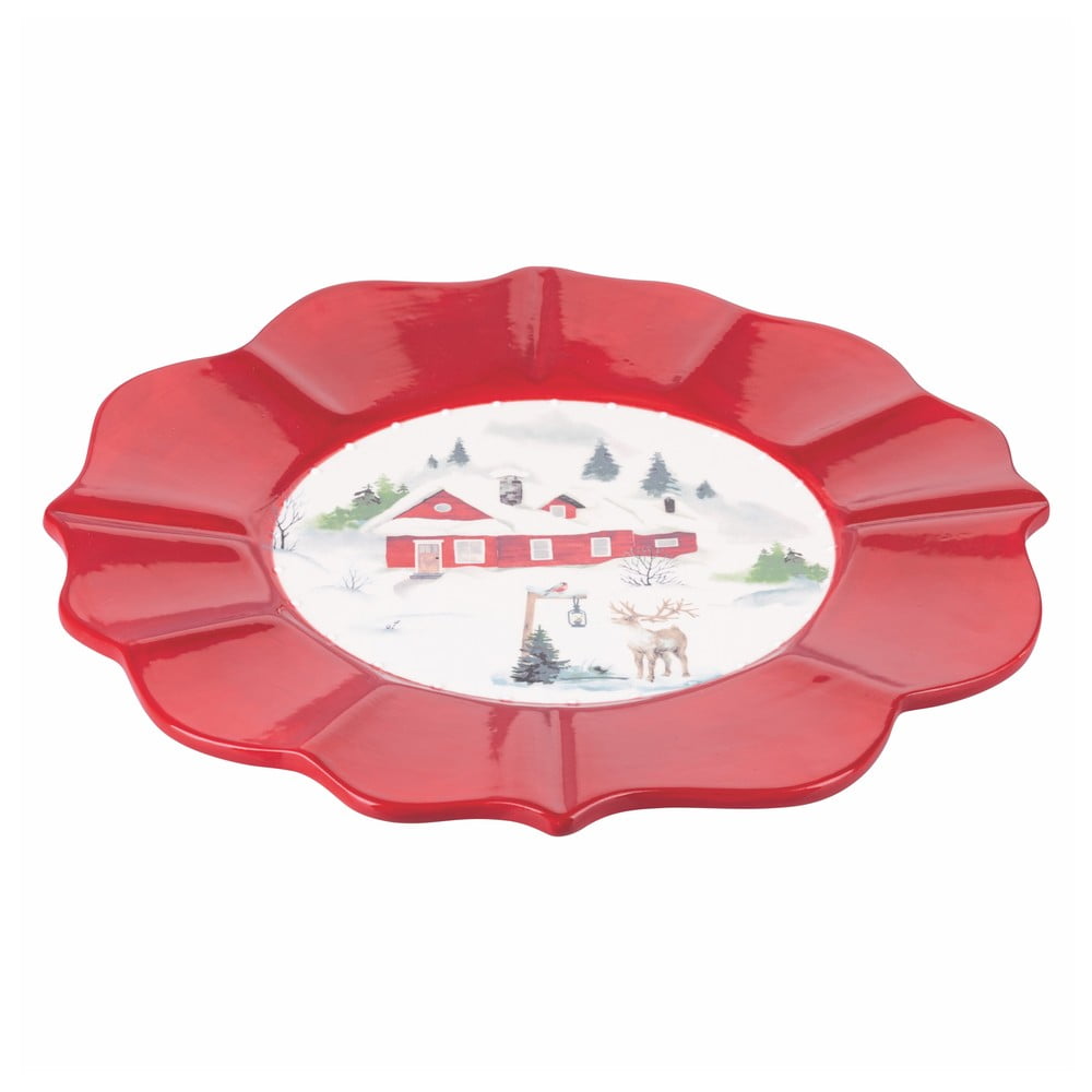 E-shop Červeno-biely vianočný servírovací tanier z dolomitu ø 29 cm Winter Village - Villa d'Este