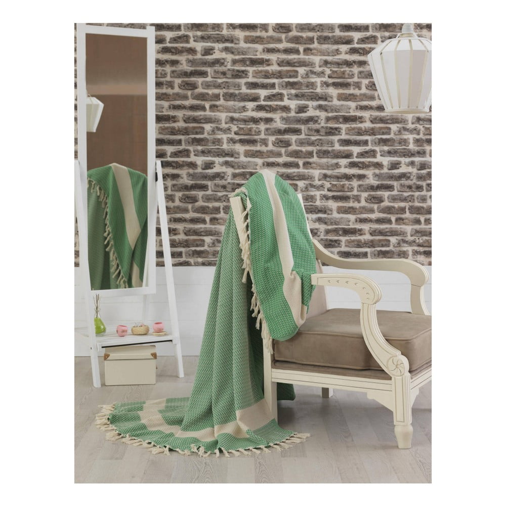 E-shop Zelený bavlnený pléd cez posteľ Hasir Light Green, 200 x 240 cm