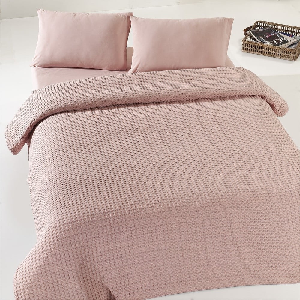 E-shop Béžovo-ružový ľahký bavlnený pléd cez dvojlôžko Dusty Rose Pique, 190 x 225 cm
