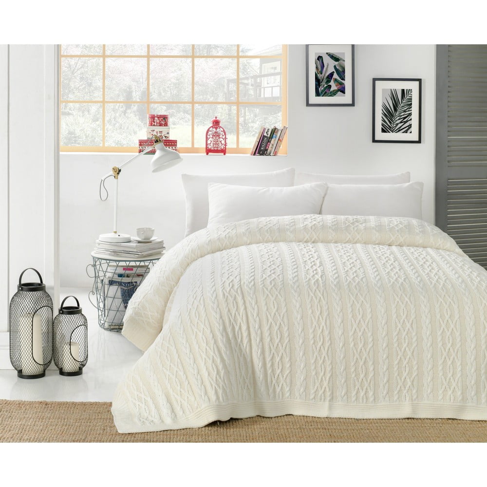 E-shop Svetlokrémový pléd cez posteľ s prímesou bavlny Homemania Decor Knit, 220 x 240 cm
