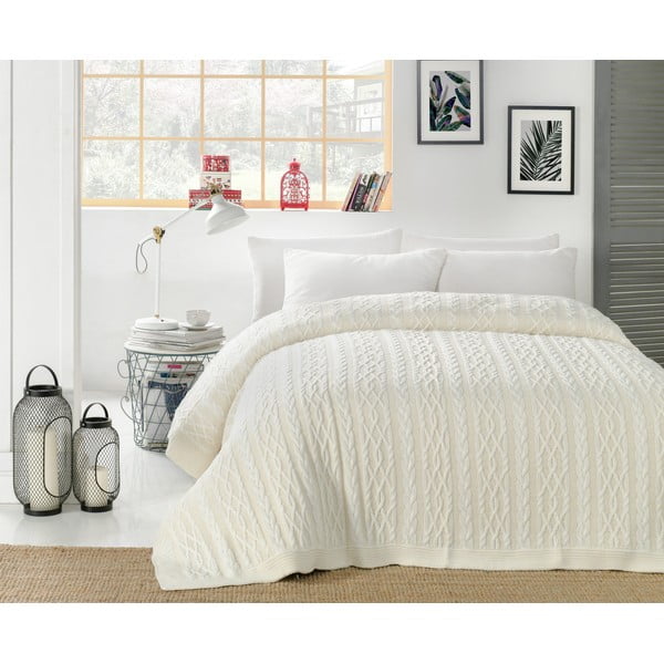 Svetlokrémový pléd cez posteľ s prímesou bavlny Homemania Decor Knit, 220 x 240 cm