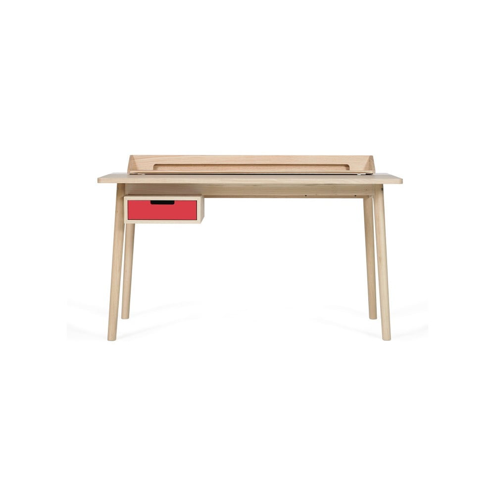 Pracovný stôl z dubového dreva s červenou zásuvkou HARTÔ Honoré, 140 × 70 cm