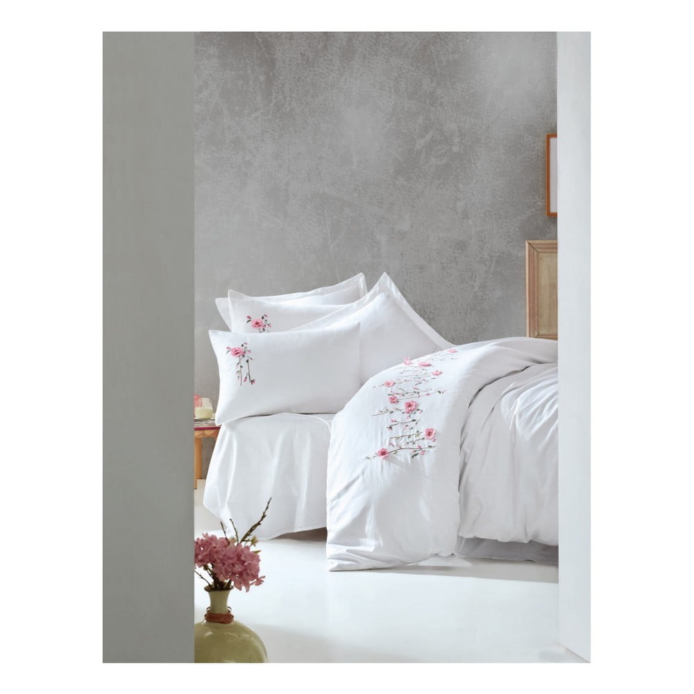 E-shop Biele obliečky z bavlneného saténu s plachtou na dvojlôžko Perla White, 200 × 220 cm