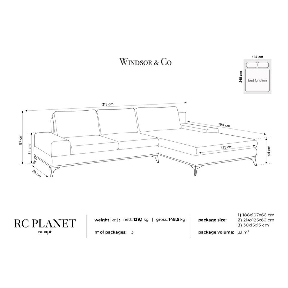 Obrázok Tmavosivá rozkladacia rohová pohovka Windsor & Co Sofas Planet, pravý roh